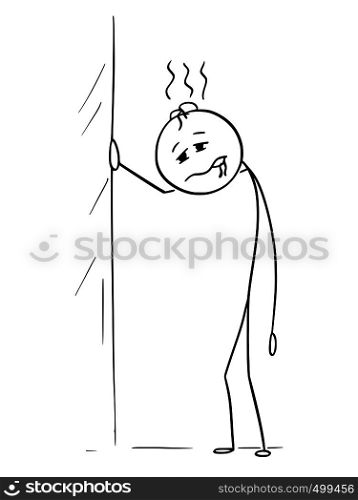Cartoon stick figure drawing conceptual illustration of drunk or sick or tired man leaning against wall.. Cartoon of Sick, Tired or Drunk Man Leaning Against Wall