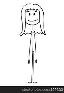 Cartoon stick figure drawing conceptual illustration of front of naked or nude woman standing and smiling.. Cartoon of Front of Naked or Nude Stick Figure Woman Standing