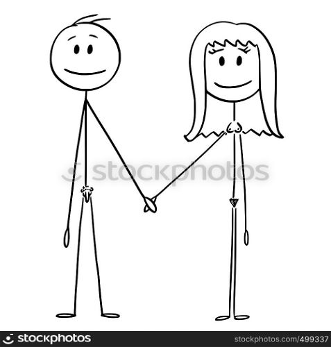Cartoon stick figure drawing conceptual illustration of front of naked or nude human pair of man and woman holding hand and smiling.. Cartoon of Front of Naked or Nude Stick Figure Man and Woman Standing