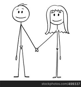 Cartoon stick figure drawing conceptual illustration of front of naked or nude human pair of man and woman holding hand and smiling.. Cartoon of Front of Naked or Nude Stick Figure Man and Woman Standing