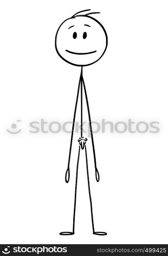 Cartoon stick figure drawing conceptual illustration of front of naked or nude man standing and smiling.. Cartoon of Front of Naked or Nude Stick Figure Man Standing