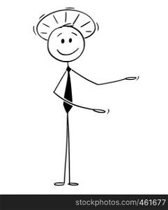 Cartoon stick figure drawing conceptual illustration of good and holy businessman or politician showing, offering or pointing at something.. Cartoon of Good Holy Businessman with Halo Around Head is Showing or Offering Something