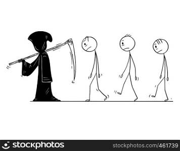 Cartoon stick figure drawing conceptual illustration of grim reaper with scythe and in black hood and group of dead men or people following him. Metaphor of death.. Cartoon of Grim Reaper with Scythe and Black Hood and Group of Dead Men or People Following Him