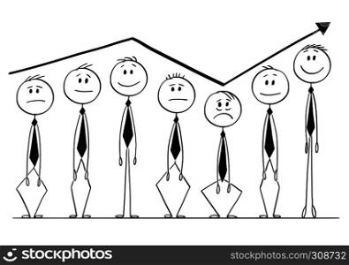 Cartoon stick figure drawing conceptual illustration of group of businessmen rising up and down following arrow of financial graph or chart. Business concept of market investment sentiment.. Cartoon of Group of Businessmen Rising Up and Down With Arrow of Graph