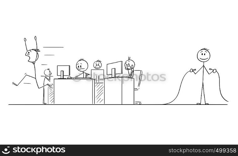 Cartoon stick figure drawing conceptual illustration of group of crazy businessmen or office workers in panic, another man is holding unplugged Internet network or electric power cable.. Cartoon of Group of Crazy Businessmen or Office Workers in Panic, Another Man Is Holding Unplugged Cable
