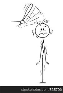 Cartoon stick figure drawing conceptual illustration of hand holding baseball bat beating man or businessman into head.. Cartoon of Hand with Baseball Bat Beating Man or Businessman into Head