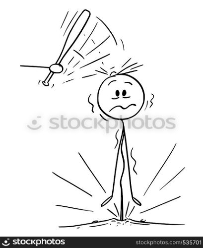 Cartoon stick figure drawing conceptual illustration of hand holding baseball bat beating man or businessman into head and hammering him in to ground.. Cartoon of Hand with Baseball Bat Beating Man or Businessman into Head and Hammering Him into Ground.