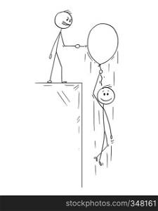Cartoon stick figure drawing conceptual illustration of happy man or businessman flying up on inflatable party balloon, competitor with pin is ready to burst it.. Cartoon of Happy Man or Businessman Flying Up on Inflatable Balloon While Competitor With Pin Is Ready to Burst it