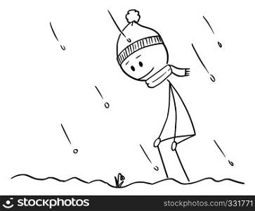 Cartoon stick figure drawing conceptual illustration of happy man who found first Spring snowdrop flower plant flowering in snow.. Cartoon of Man Who Found First Spring Snowdrop Flower in Snow