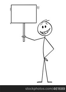 Cartoon stick figure drawing conceptual illustration of happy smiling man holding empty sign ready for your text.. Cartoon of happy Smiling Man Holding Empty Sign