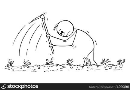 Cartoon stick figure drawing conceptual illustration of hard working poor farmer with hoe on the field.. Cartoon of Man or Poor Farmer Working Hard With Hoe on the Field