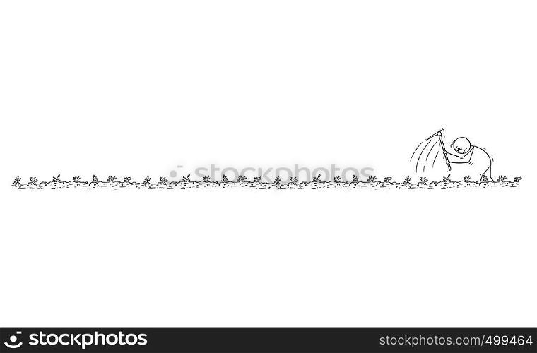 Cartoon stick figure drawing conceptual illustration of hard working poor farmer with hoe on the field. Long horizontal graphic or design element.. Cartoon of Man or Poor Farmer Working Hard With Hoe on the Field, Long Horizontal Graphic Element