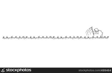 Cartoon stick figure drawing conceptual illustration of hard working poor farmer with hoe on the field. Long horizontal graphic or design element.. Cartoon of Man or Poor Farmer Working Hard With Hoe on the Field, Long Horizontal Graphic Element