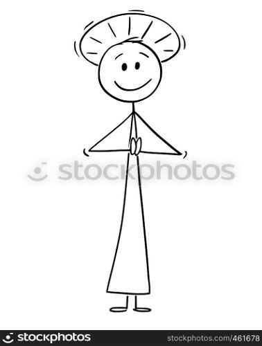 Cartoon stick figure drawing conceptual illustration of holy man or priest with halo around head praying with her hands.. Cartoon of Smiling Holy Man with Halo Around Head Praying