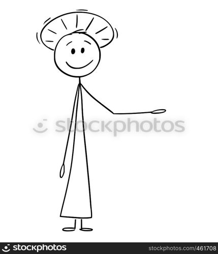 Cartoon stick figure drawing conceptual illustration of holy man or priest with halo around head is offering, showing or pointing at something.. Cartoon of Holy Man or Priest with Halo Offering, Showing or Pointing at Something