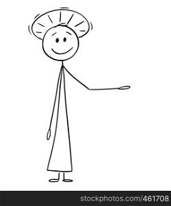 Cartoon stick figure drawing conceptual illustration of holy man or priest with halo around head is offering, showing or pointing at something.. Cartoon of Holy Man or Priest with Halo Offering, Showing or Pointing at Something