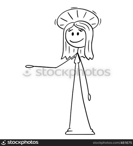 Cartoon stick figure drawing conceptual illustration of holy woman with halo around head is offering, showing or pointing at something.. Cartoon of Holy Woman with Halo Offering, Showing or Pointing at Something