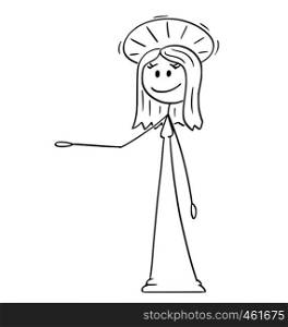 Cartoon stick figure drawing conceptual illustration of holy woman with halo around head is offering, showing or pointing at something.. Cartoon of Holy Woman with Halo Offering, Showing or Pointing at Something