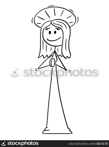 Cartoon stick figure drawing conceptual illustration of holy woman with halo around head praying with her hands.. Cartoon of Smiling Holy Woman with Halo Around Head Praying