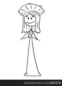 Cartoon stick figure drawing conceptual illustration of holy woman with halo around head praying with her hands.. Cartoon of Smiling Holy Woman with Halo Around Head Praying
