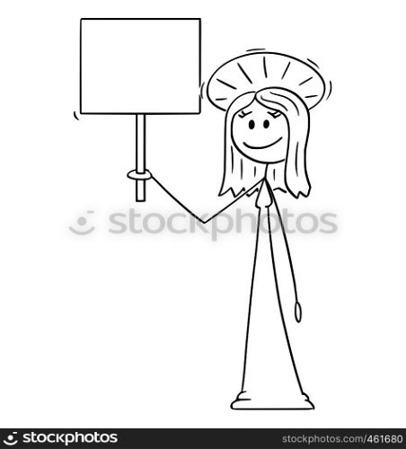 Cartoon stick figure drawing conceptual illustration of holy woman with halo around head holding empty sign.. Cartoon of Smiling Holy Woman with Halo Around Head Holding Empty Sign
