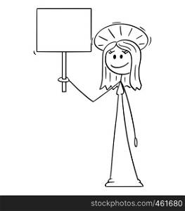 Cartoon stick figure drawing conceptual illustration of holy woman with halo around head holding empty sign.. Cartoon of Smiling Holy Woman with Halo Around Head Holding Empty Sign
