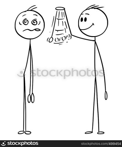 Cartoon stick figure drawing conceptual illustration of hypnotist or psychologist hypnotize man or patient. Concept of hypnosis.. Cartoon of Man Hypnotize by Hypnotist Who Takes Control About Him