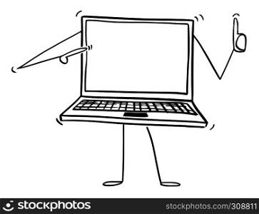 Cartoon stick figure drawing conceptual illustration of laptop or notebook computer character pointing at empty screen and showing thumb up. There is space for your text.. Cartoon of Laptop or Notebook Computer Character Pointing at Yourself and Showing Thumb Up
