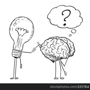 Cartoon stick figure drawing conceptual illustration of lightbulb or light bulb character tapping on back of thinking brain. Business concept of creativity and idea.. Cartoon Drawing of Lightbulb Characters Taping on Back of Thinking Brain