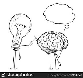 Cartoon stick figure drawing conceptual illustration of lightbulb or light bulb character tapping on back of thinking brain. Business concept of creativity and idea.. Cartoon Drawing of Lightbulb Characters Taping on Back of Thinking Brain
