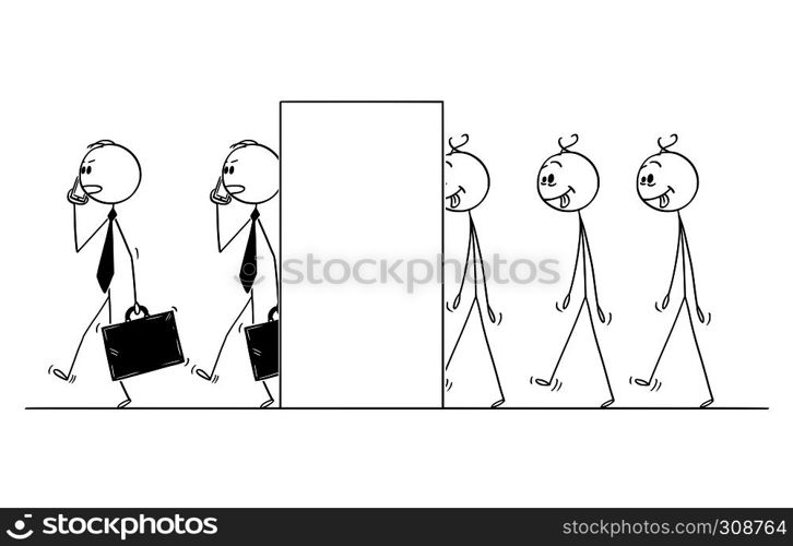 Cartoon stick figure drawing conceptual illustration of line of mad and dull men transforming in to modern businessman or gentlemen.. Cartoon of Line of Mad Men Transforming Yourself in to Businessmen