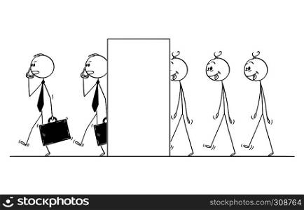 Cartoon stick figure drawing conceptual illustration of line of mad and dull men transforming in to modern businessman or gentlemen.. Cartoon of Line of Mad Men Transforming Yourself in to Businessmen