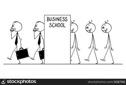 Cartoon stick figure drawing conceptual illustration of line of mad and dull men transforming in to modern businessman or gentlemen. Concept of education.. Cartoon of Line of Dull Men Transforming in to Businessmen, Concept of Education