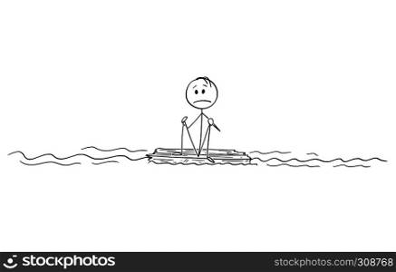 Cartoon stick figure drawing conceptual illustration of lonely man or castaway sitting lost and alone in the middle of ocean on piece of wood.. Cartoon of Man or Castaway Sitting Alone on Piece of Wood in the Middle of Ocean