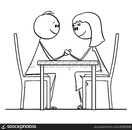 Cartoon stick figure drawing conceptual illustration of loving couple of man and woman sitting behind table in restaurant, holding hands and looking at eyes.. Cartoon of Loving Couple of Man and Woman Sitting Behind Table in Restaurant and Holding Hands
