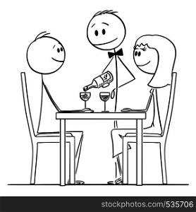 Cartoon stick figure drawing conceptual illustration of loving couple of man and woman sitting behind table in restaurant and watching waiter pouring wine in glasses.. Cartoon of Loving Couple of Man and Woman Sitting Behind Table in Restaurant While Waiter is Pouring Wine
