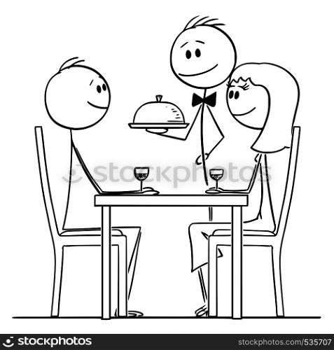 Cartoon stick figure drawing conceptual illustration of loving couple of man and woman sitting behind table in restaurant and watching waiter serving food.. Cartoon of Loving Couple of Man and Woman Sitting Behind Table in Restaurant While Waiter Serving Food
