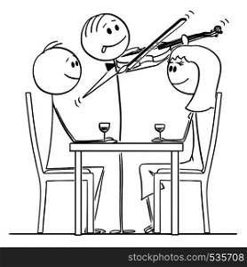Cartoon stick figure drawing conceptual illustration of loving couple of man and woman sitting behind table in restaurantwhile violinist is playing romantic music.. Cartoon of Loving Couple of Man and Woman Sitting Behind Table in Restaurant While Violinist is Playing Romantic Music