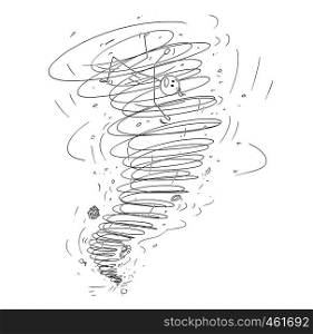 Cartoon stick figure drawing conceptual illustration of man carried away by tornado storm.. Cartoon of Man Carried Away by Tornado Storm