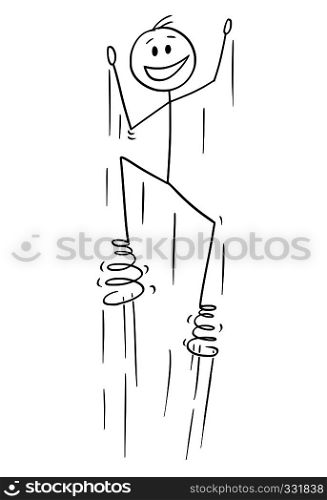 Cartoon stick figure drawing conceptual illustration of man enjoying jumping with springs on foots.. Cartoon of Man Jumping With Springs on Foots