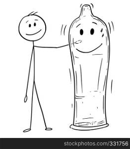 Cartoon stick figure drawing conceptual illustration of man holding big smiling condom character. Concept of contraception.. Cartoon of Man Holding Big Condom Character