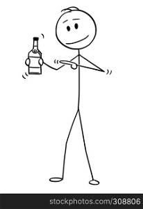 Cartoon stick figure drawing conceptual illustration of man holding bottle of alcohol and pointing at it.. Cartoon of Man Holding and Pointing at Bottle of Alcohol