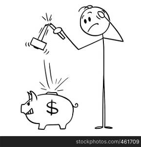Cartoon stick figure drawing conceptual illustration of man holding broken hammer who tried to break piggy bank and get his money or savings. Business concept of banking .. Cartoon of Man with Broken Hammer Who Tried to Break Piggy bank and Get His Money