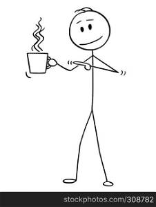 Cartoon stick figure drawing conceptual illustration of man holding cup of hot beverage, coffee or tea and pointing at it.. Cartoon of Man Holding and Pointing at Cup of Hot Beverage, Coffee or Tea