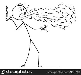 Cartoon stick figure drawing conceptual illustration of man holding drink and cigarette and with fire or flame coming from his mouth.. Cartoon of Man With Cigarette and Drink With Fire Coming From his Mouth