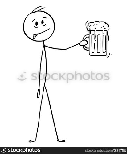 Cartoon stick figure drawing conceptual illustration of man holding glass half-litter beer mug or pint.. Cartoon of Man Who Likes Beer and Holding Glass Beer Mug or Pint