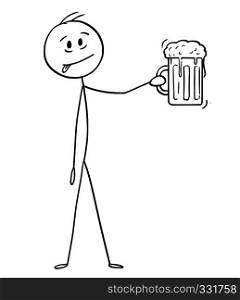 Cartoon stick figure drawing conceptual illustration of man holding glass half-litter beer mug or pint.. Cartoon of Man Who Likes Beer and Holding Glass Beer Mug or Pint