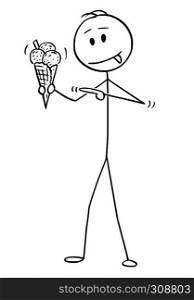 Cartoon stick figure drawing conceptual illustration of man holding ice cream cone and pointing at it.. Cartoon of Man Holding and Pointing at Ice Cream Cone