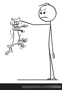 Cartoon stick figure drawing conceptual illustration of man holding in hand angry and aggressive cat trying to bite and scratch him.. Cartoon of Man Holding in Hand Angry Aggressive Insane Cat Trying to Scratch and Bite Him