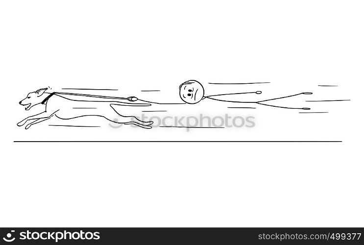 Cartoon stick figure drawing conceptual illustration of man holding running dog on the leash and flying or waving behind the animal.. Cartoon of Man Holding Running Dog on Leash and Flying